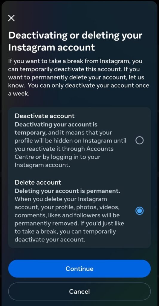 how to delete instagram account permanently